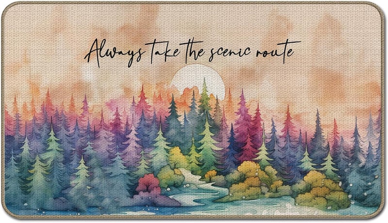 GTYNU Camping Adventure Nature Mountain Door Mat 17 x 30,Always Take The Scenic Route Watercolor Forest Decor for Indoor Outside Entrance,Gifts for Camping Camper Lover,Camper RV Rugs for Inside - Image 1